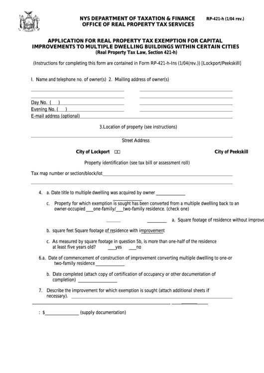 Fillable Form Rp-421-H - Application For Real Property Tax Exemption For Capital Improvements To Multiple Dwelling Buildings Within Certain Cities Printable pdf