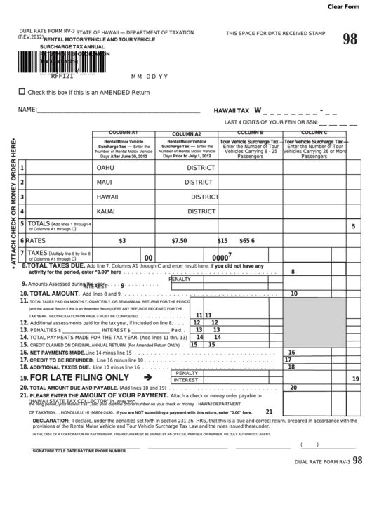 Fillable Dual Rate Form Rv-3 - Rental Motor Vehicle And Tour Vehicle Surcharge Tax Annual Return & Reconciliation Printable pdf