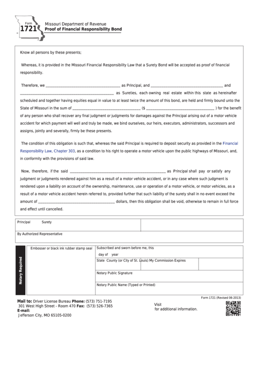Fillable Form 1721 - Proof Of Financial Responsibility Bond Printable pdf