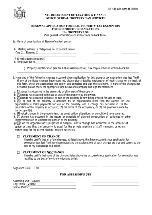 Fillable Form Rp-420-A/b-Rnw-Ii - Renewal Application For Real Property Tax Exemption For Nonprofit Organizations Ii-Property Use Printable pdf