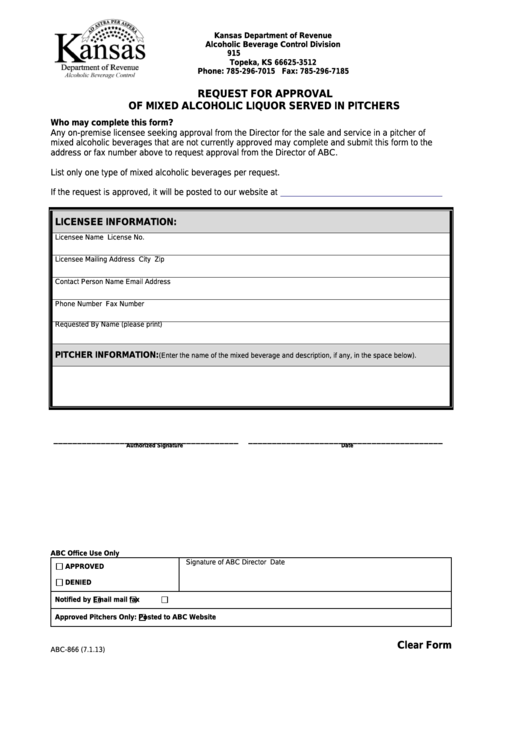 Fillable Form Abc-866 - Request For Approval Of Mixed Alcoholic Liquor Served In Pitchers Printable pdf