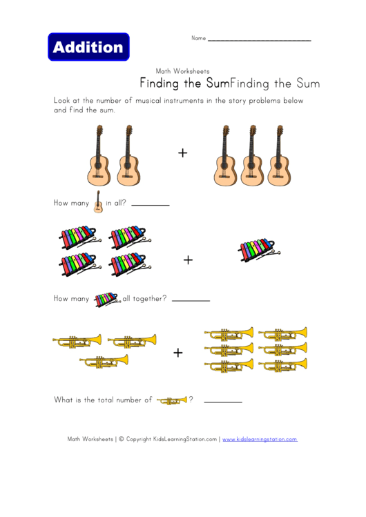 Find The Sum Of Musical Instruments Worksheet Template Printable pdf