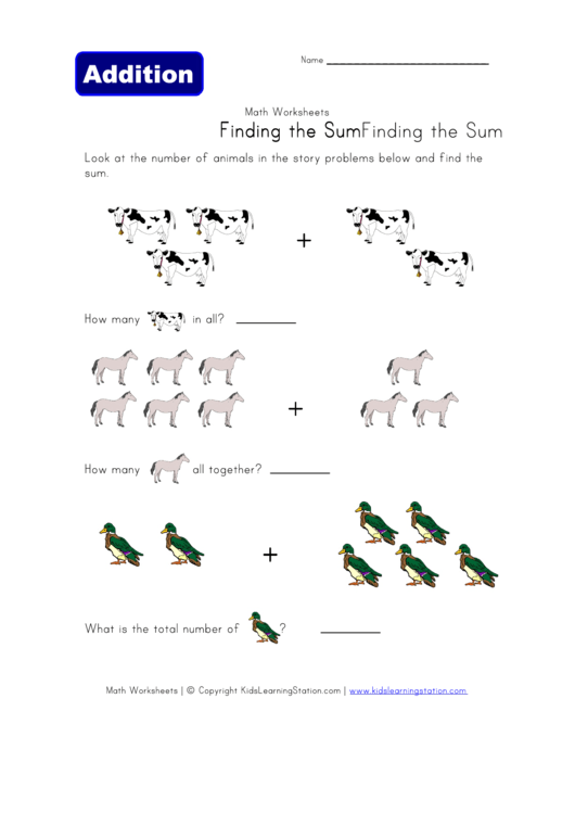 Find The Sum Of Animals Worksheet Template Printable pdf