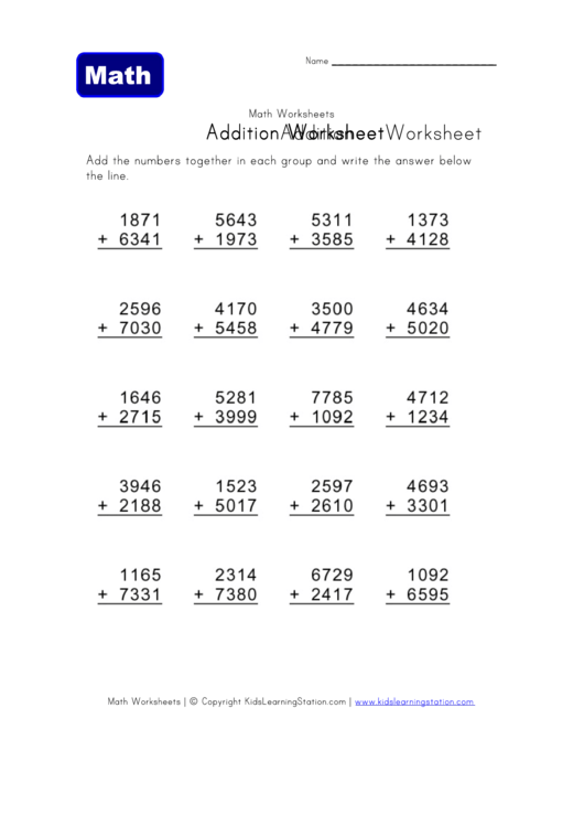 Addition Math Worksheet Template printable pdf download