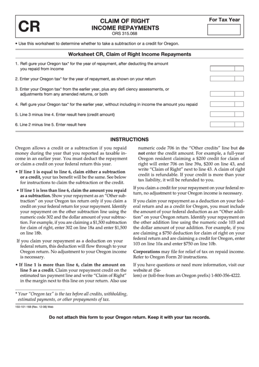 Fillable Form Cr - Claim Of Right Income Repayments - State Of Oregon Printable pdf