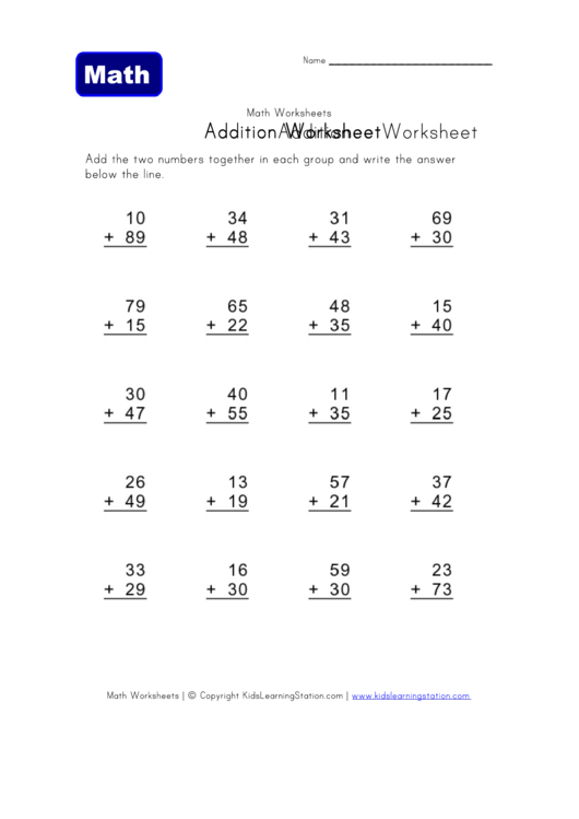 Two Digits Addition Math Worksheet Template Printable pdf