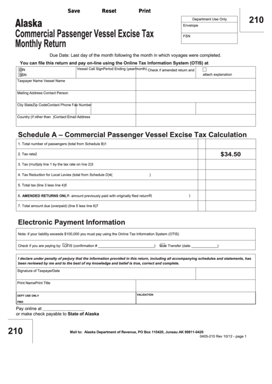 Fillable Form 210 - Commercial Passenger Vessel Excise Tax Monthly Return Printable pdf