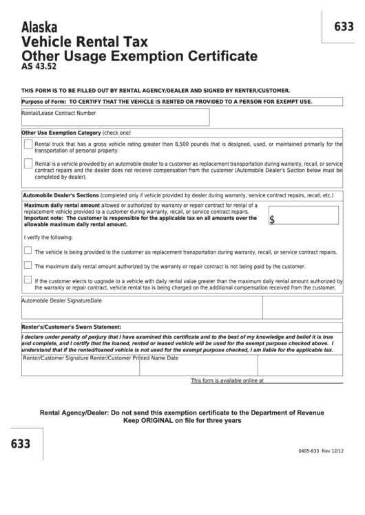 Fillable Form 633 - Vehicle Rental Tax Other Usage Exemption Certificate Printable pdf