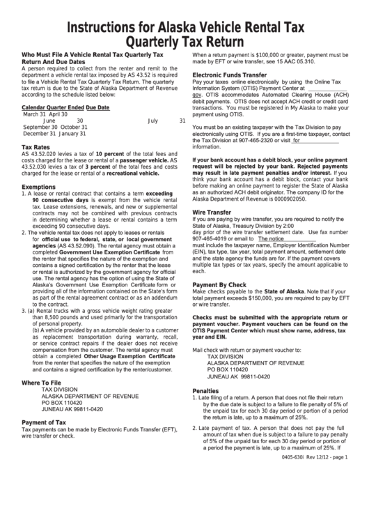 Instructions For Alaska Vehicle Rental Tax Quarterly Tax Return Printable pdf