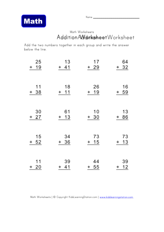 Two Digits Addition Math Worksheet Template Printable pdf