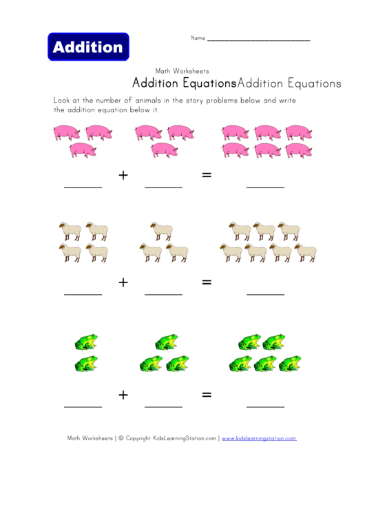 Animals Addition Equations Worksheet Template Printable pdf