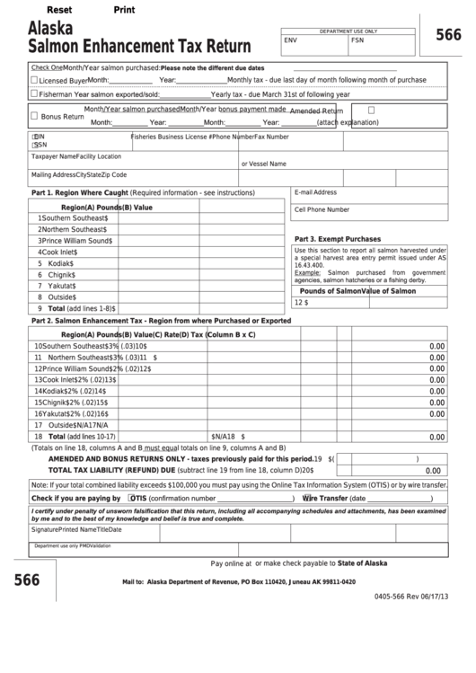 Fillable Form 566 - Salmon Enhancement Tax Return Printable pdf