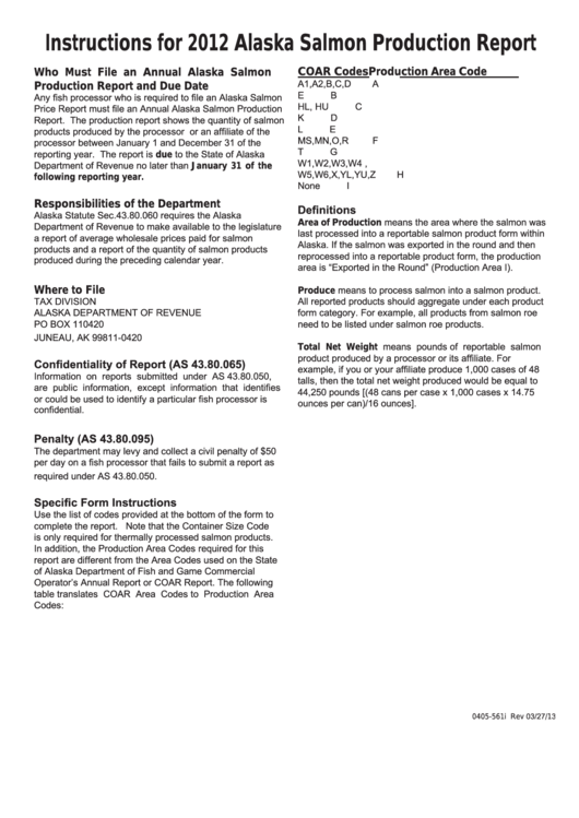 Instructions For 2012 Alaska Salmon Production Report Printable pdf