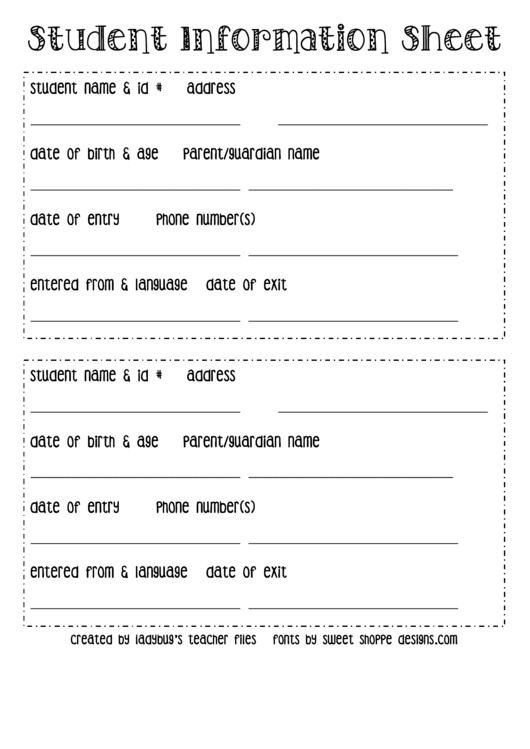 Student Information Sheet (Ell Version) Printable pdf