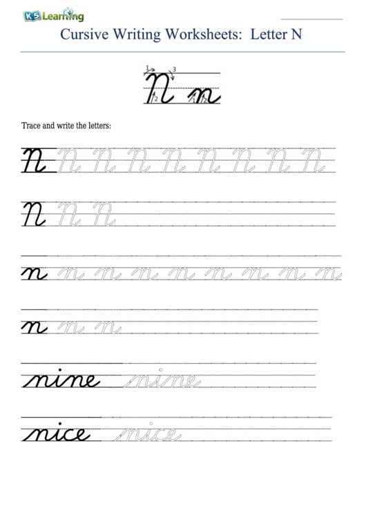 Cursive Writing Worksheet For Letter N N Printable pdf