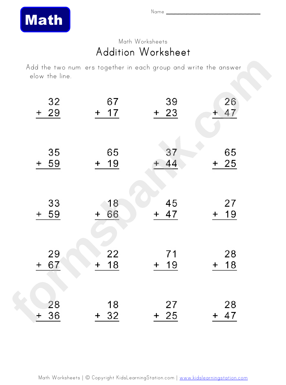 Two Digits Addition Math Worksheet Template