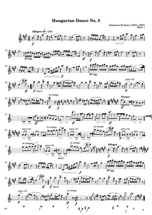 Johannes Brahms - Hungarian Dance No. 5 Sheet Music Printable pdf