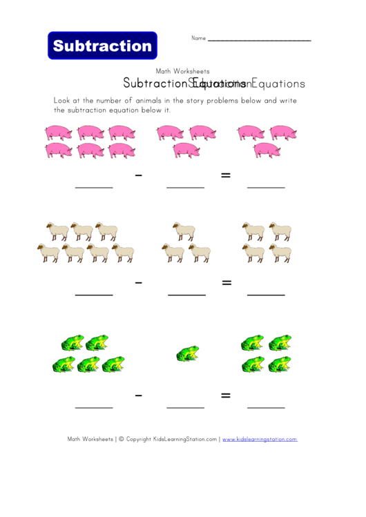 Animals Subtraction Equations Worksheet Template Printable pdf
