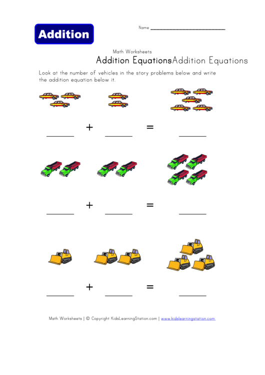 Vehicles Addition Equations Worksheet Template Printable pdf