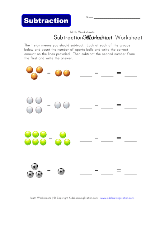 Sports Subtraction Math Worksheet Template Printable pdf