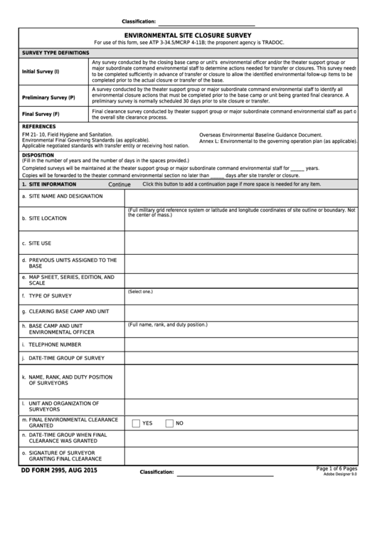 Fillable Dd Form 2995 - Environmental Site Closure Survey Printable pdf