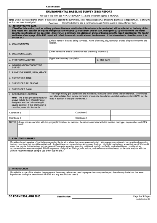 Fillable Dd Form 2994 - Environmental Baseline Survey (Ebs) Report Printable pdf