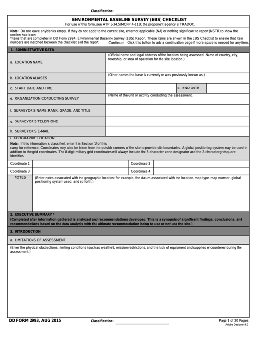 Fillable Dd Form 2993 - Environmental Baseline Survey (Ebs) Checklist Printable pdf