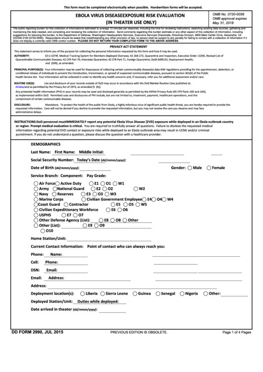 Dd Form 2990 Ebola Virus Disease Exposure Risk Evaluation Printable