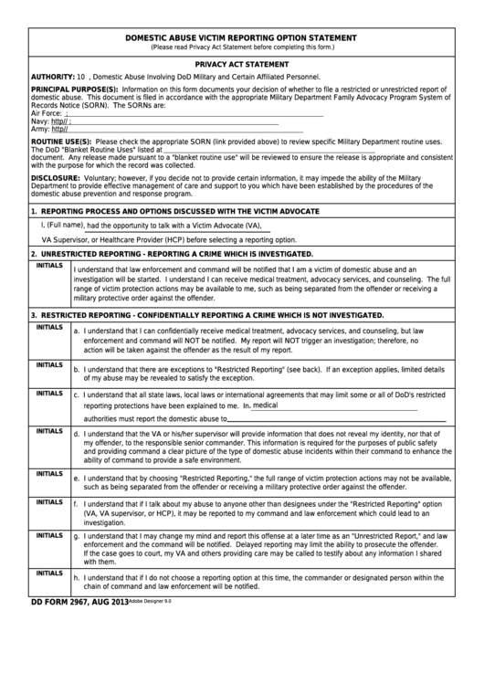 Fillable Dd Form 2967 - Domestic Abuse Victim Reporting Option Statement Printable pdf