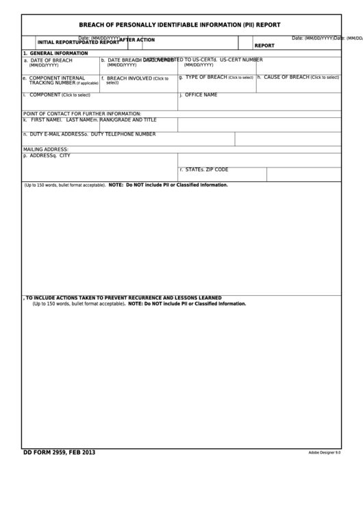 Fillable Dd Form 2959 - Breach Of Personally Identifiable Information (Pii) Report Printable pdf