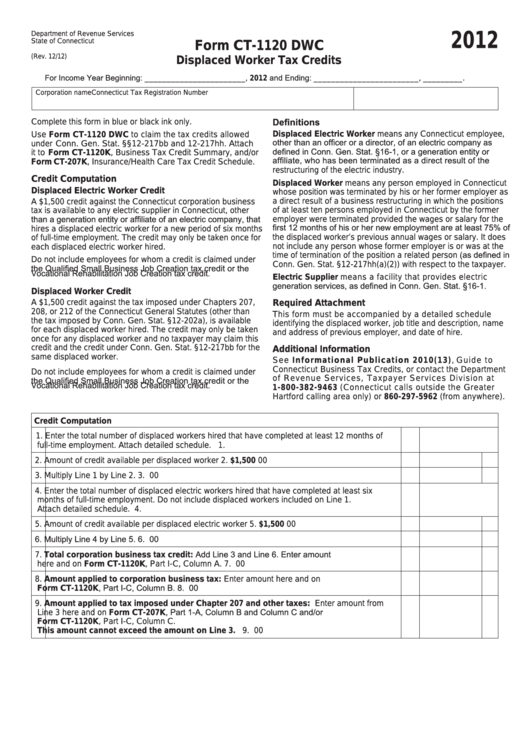 Form Ct-1120 Dwc - Displaced Worker Tax Credits - 2012 Printable pdf