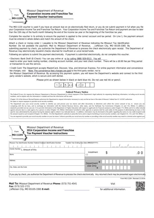 Form Mo-1120v - Corporation Income And Franchise Tax Payment Voucher Instructions Printable pdf