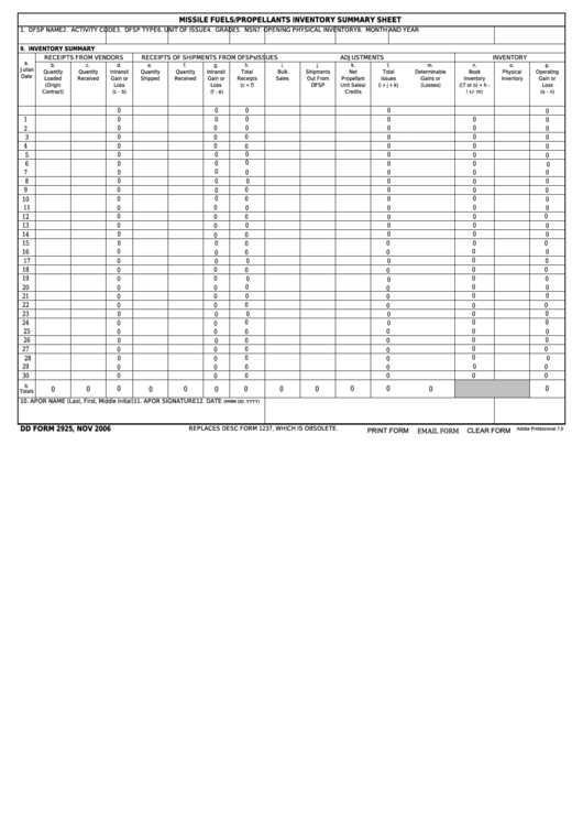 Fillable Dd Form 2925 - Missile Fuels/propellants Inventory Summary Sheet Printable pdf