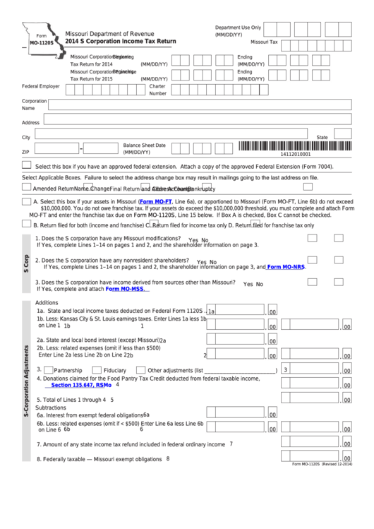 Fillable Form Mo-1120s - S Corporation Income Tax Return - 2014 Printable pdf