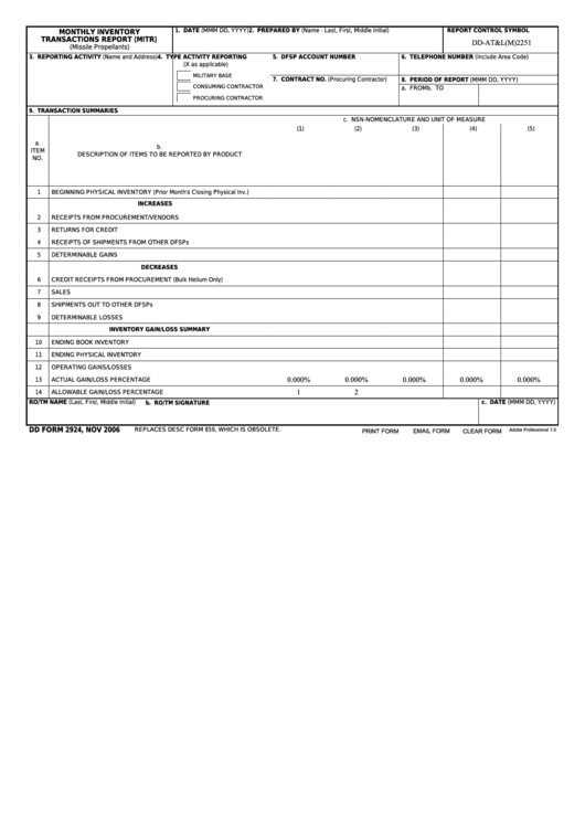 Fillable Dd Form 2924 - Monthly Inventory Transactions Report (Missile Propellants) Printable pdf