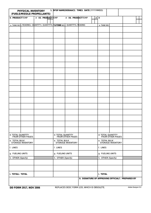 Fillable Dd Form 2917 - Physical Inventory (Fuels/missile Propellants) Printable pdf