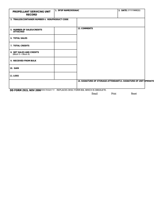 Fillable Dd Form 2915 - Propellant Servicing Unit Record Printable pdf