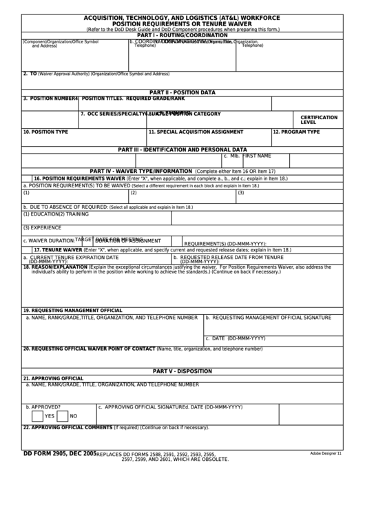 Fillable Dd Form 2905 At l Workforce Position Requirements Or Tenure