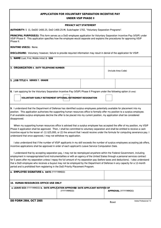 Fillable Dd Form 2904 - Application For Voluntary Separation Incentive Pay Under Vsip Phase Ii Printable pdf