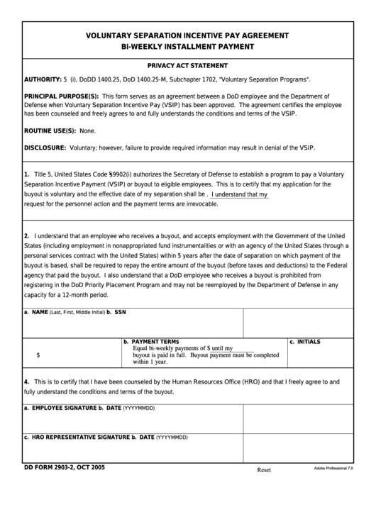 Fillable Dd Form 2903-2 - Voluntary Separation Incentive Pay Agreement Bi-Weekly Installment Payment Printable pdf