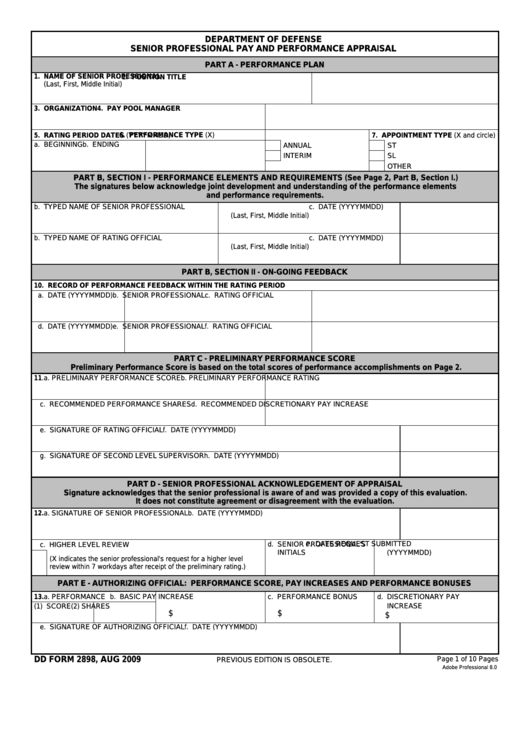 Fillable Dd Form 2898 - Dod Senior Professional Pay And Performance Appraisal Printable pdf