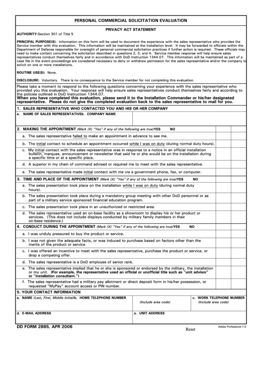Fillable Dd Form 2885 - Personal Commercial Solicitation Evaluation Printable pdf