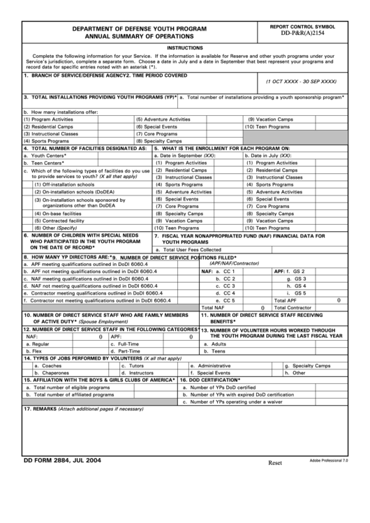 Fillable Dd Form 2884 - Dod Youth Program Annual Summary Of Operations Printable pdf