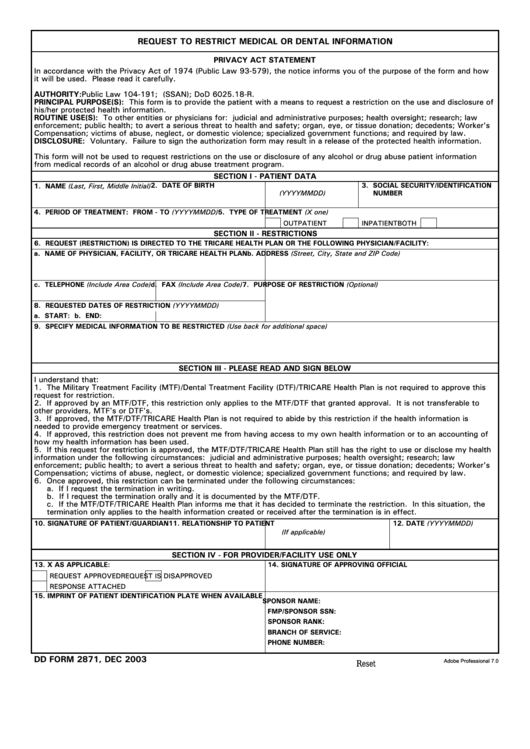 Fillable Dd Form 2871 - Request To Restrict Medical Or Dental Information Printable pdf