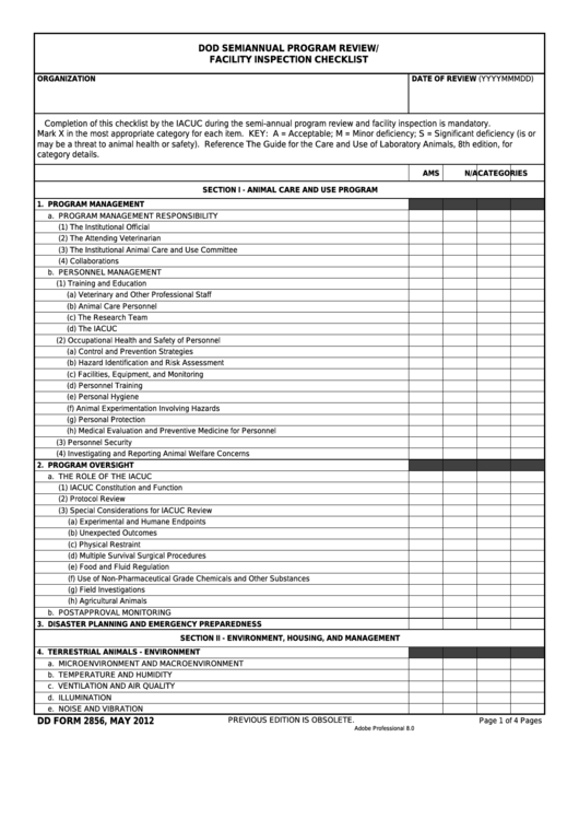 Fillable Dd Form 2856 - Dod Semiannual Program Review/facility Inspection Checklist Printable pdf