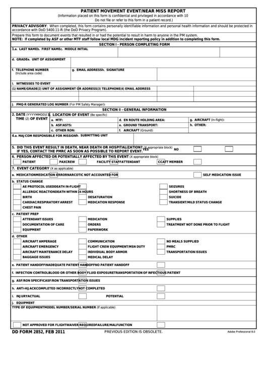 Fillable Dd Form 2852 - Patient Movement Event/near Miss Report Printable pdf