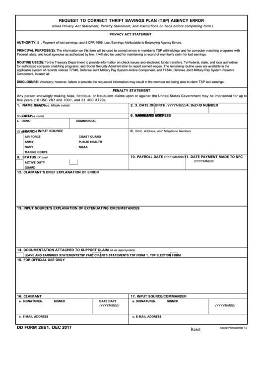 Fillable Dd Form 2851 - Request To Correct Thrift Savings Plan (Tsp) Agency Error Printable pdf