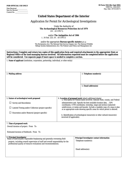 Di Form 1926 - Application For Permit For Archeological Investigations Printable pdf