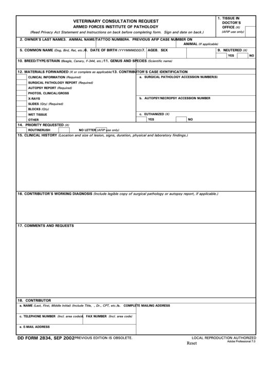 Fillable Dd Form 2834 - Veterinary Consultation Request Printable pdf