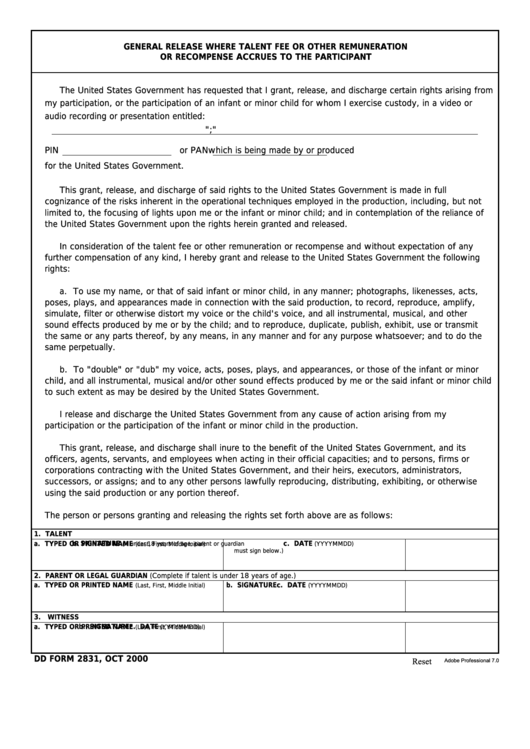 Fillable Dd Form 2831 - General Release Where Talent Fee Etc. Accrues To Participant Printable pdf